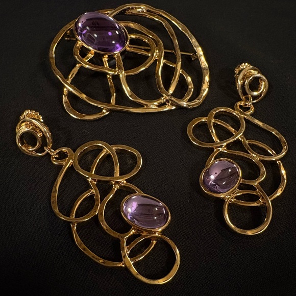 1993 Vtg Avon Faux Amethyst Gold Tone Brooch & Earrings Set Bold 90s Statement - Picture 7 of 16